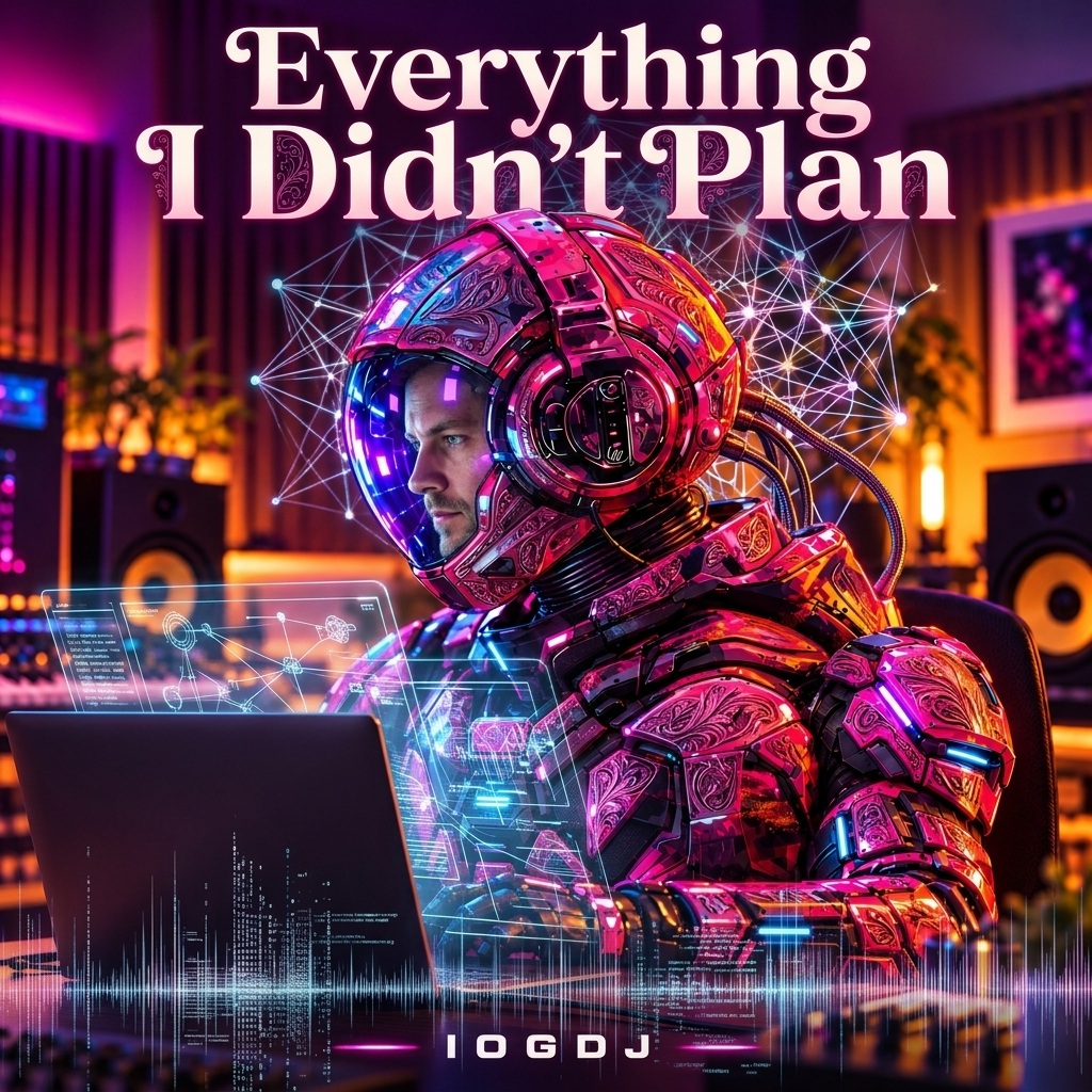 Everything I Didn’t Plan album cover: IOGDJ in a pink astronaut suit at a music studio desk